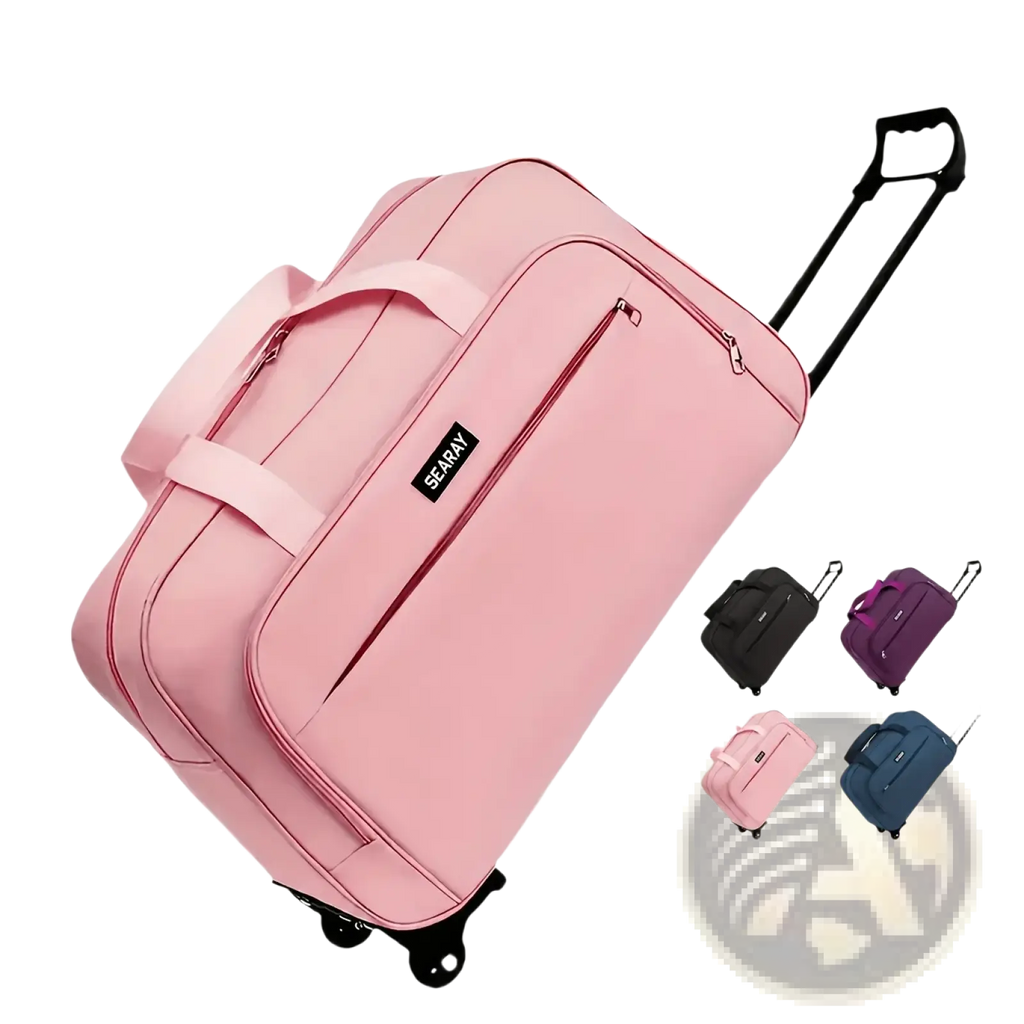 Pink rolling travel duffle bag made of scratch-resistant high-density thickened fabric with black handle and wheels