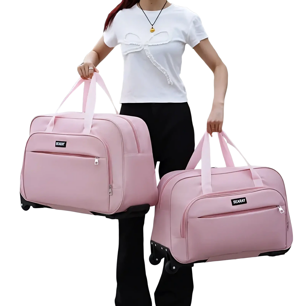 Pink rolling travel duffle bag large foldable luggage with matching handles and front zippered pocket