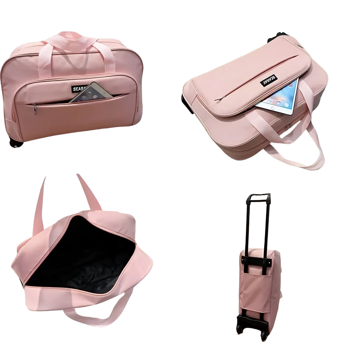 Pink rolling travel duffle bag with soft fabric exterior, multiple compartments, large foldable luggage with wheels
