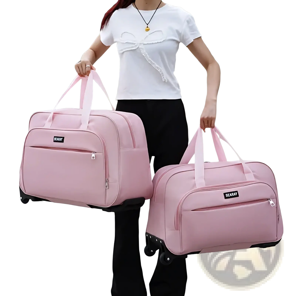 Pink rolling travel duffle bag large foldable luggage with matching handles and front zippered pocket