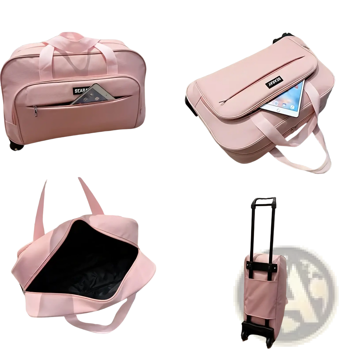 Pink rolling travel duffle bag with soft fabric exterior, multiple compartments, large foldable luggage with wheels