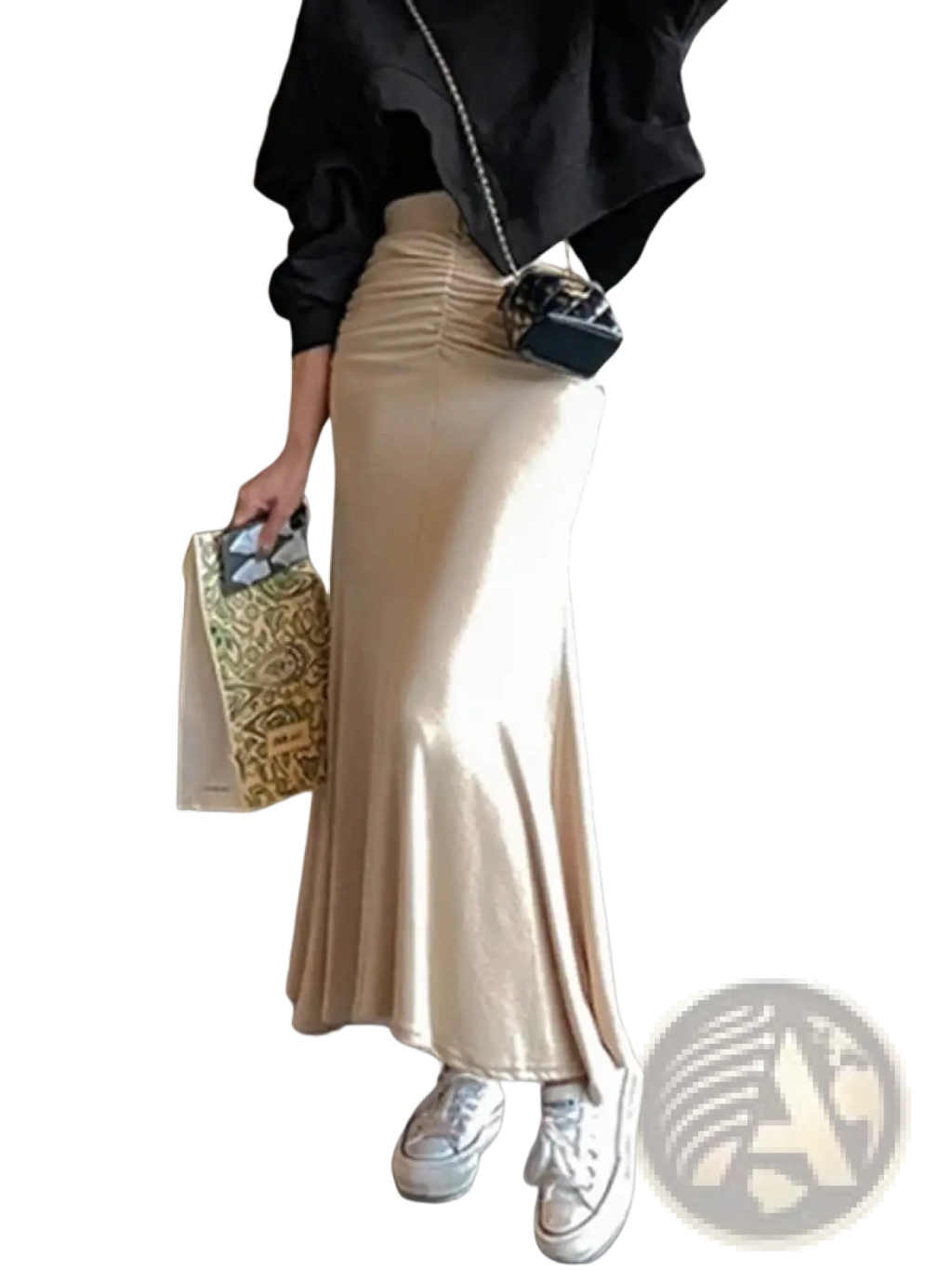 Beige satin mermaid skirt with ruched waistband and high waist detail in a midi length for elegant wear