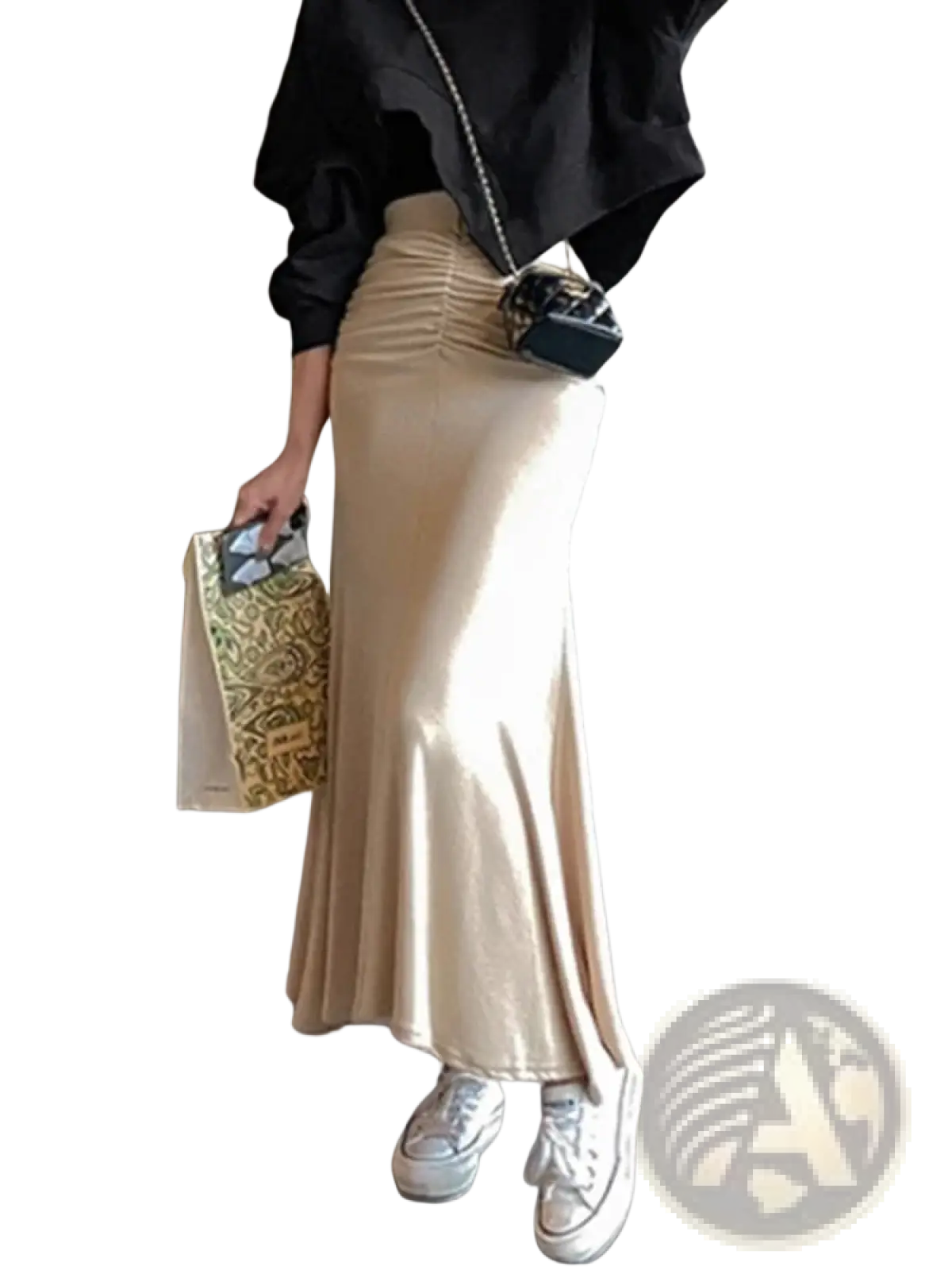 Beige satin mermaid skirt with ruched waistband and high waist detail in a midi length for elegant wear