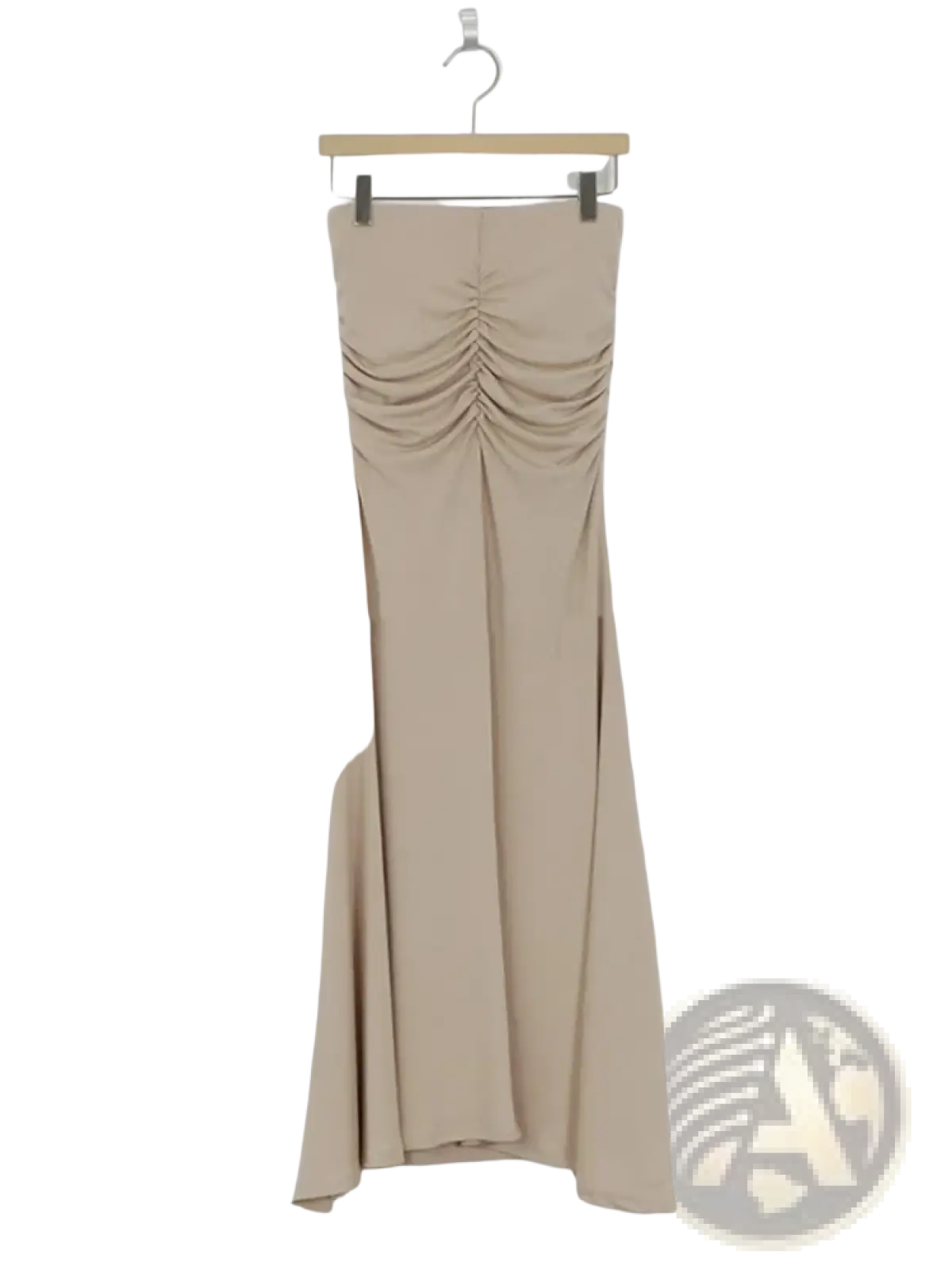 Beige strapless maxi dress with ruched bodice and flowing fabric paired with pink ruched high waisted mermaid midi skirt
