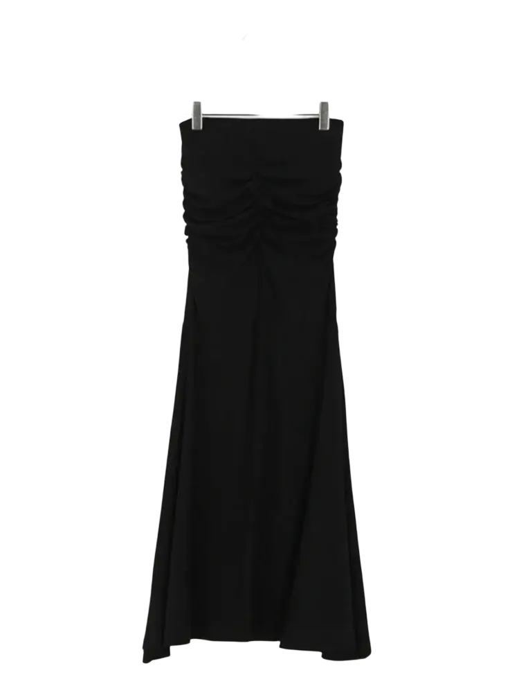 Black strapless maxi dress with ruched bodice and flowing skirt complementing pink ruched high waisted mermaid midi skirt product