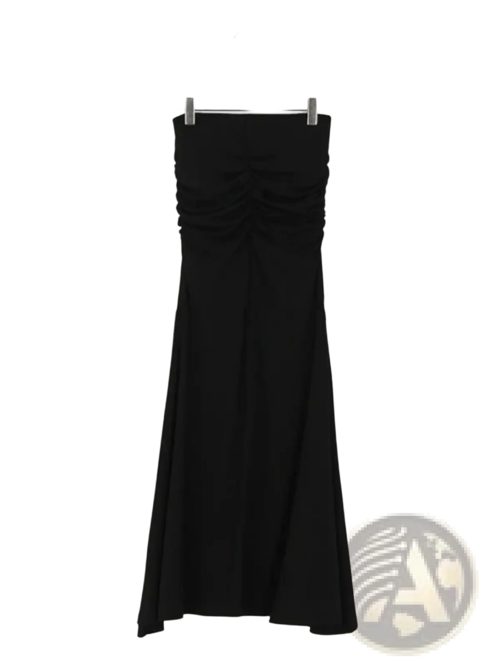 Black strapless maxi dress with ruched bodice and flowing skirt paired with pink ruched high waisted mermaid midi skirt