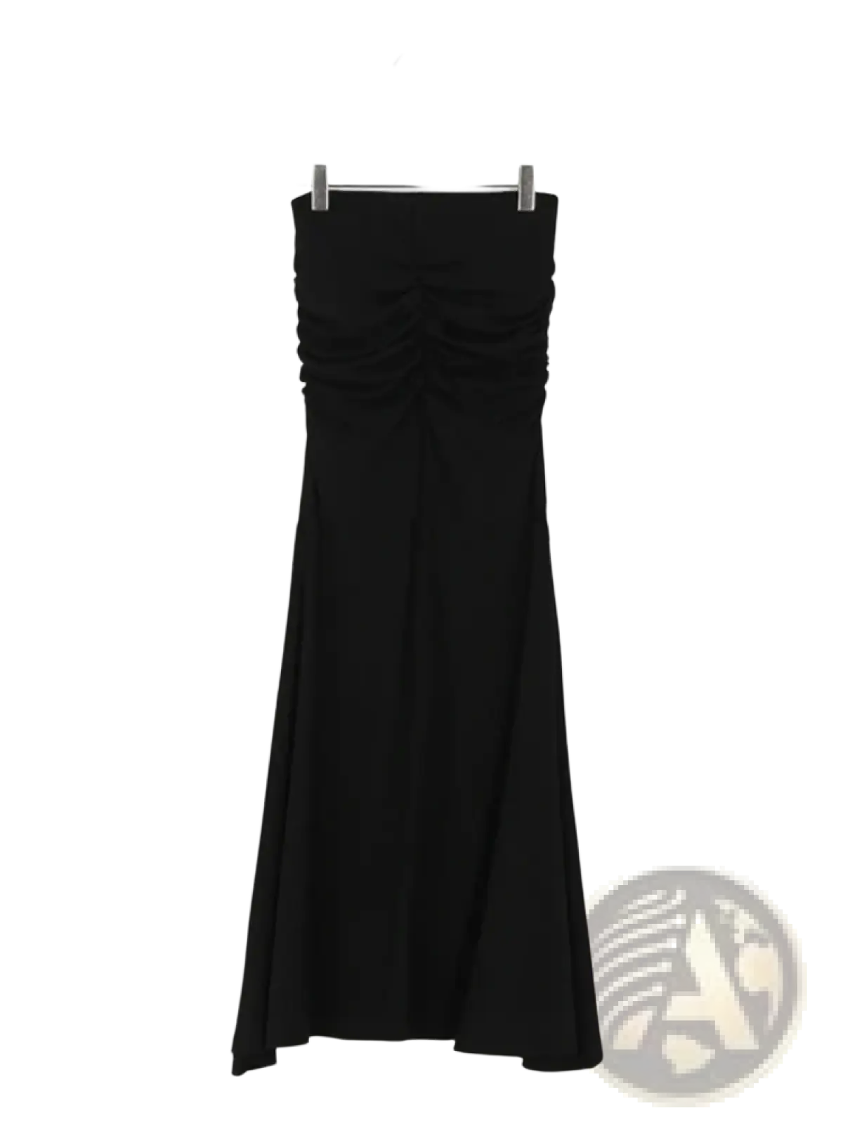 Black strapless maxi dress with ruched bodice and flowing skirt paired with pink ruched high waisted mermaid midi skirt