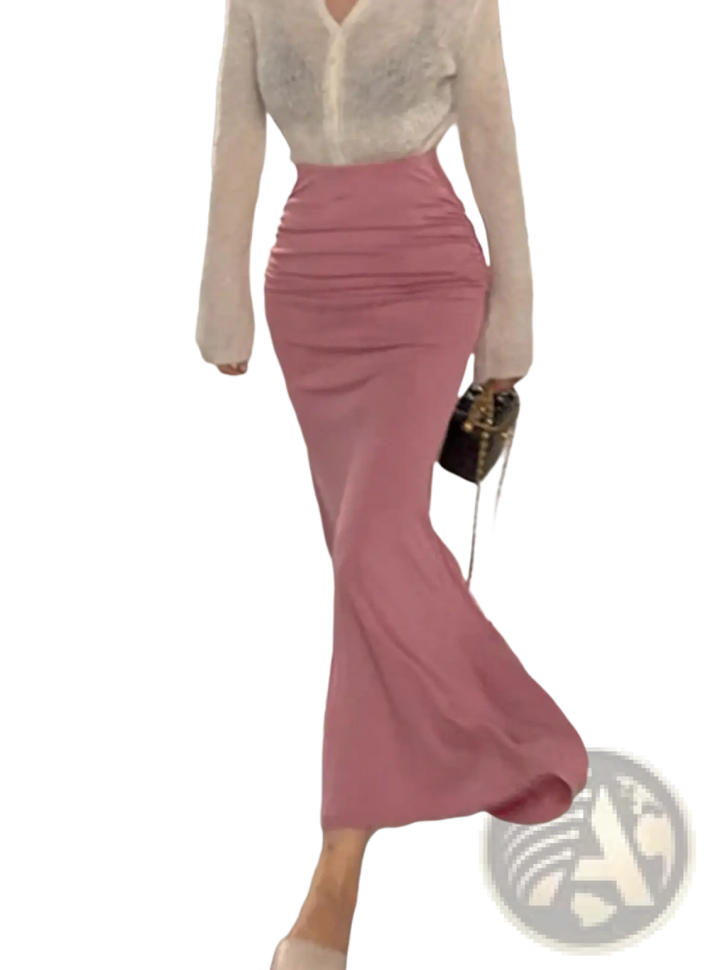 A soft pink high waisted mermaid midi skirt with ruched waistband and flowing fabric for elegant occasions