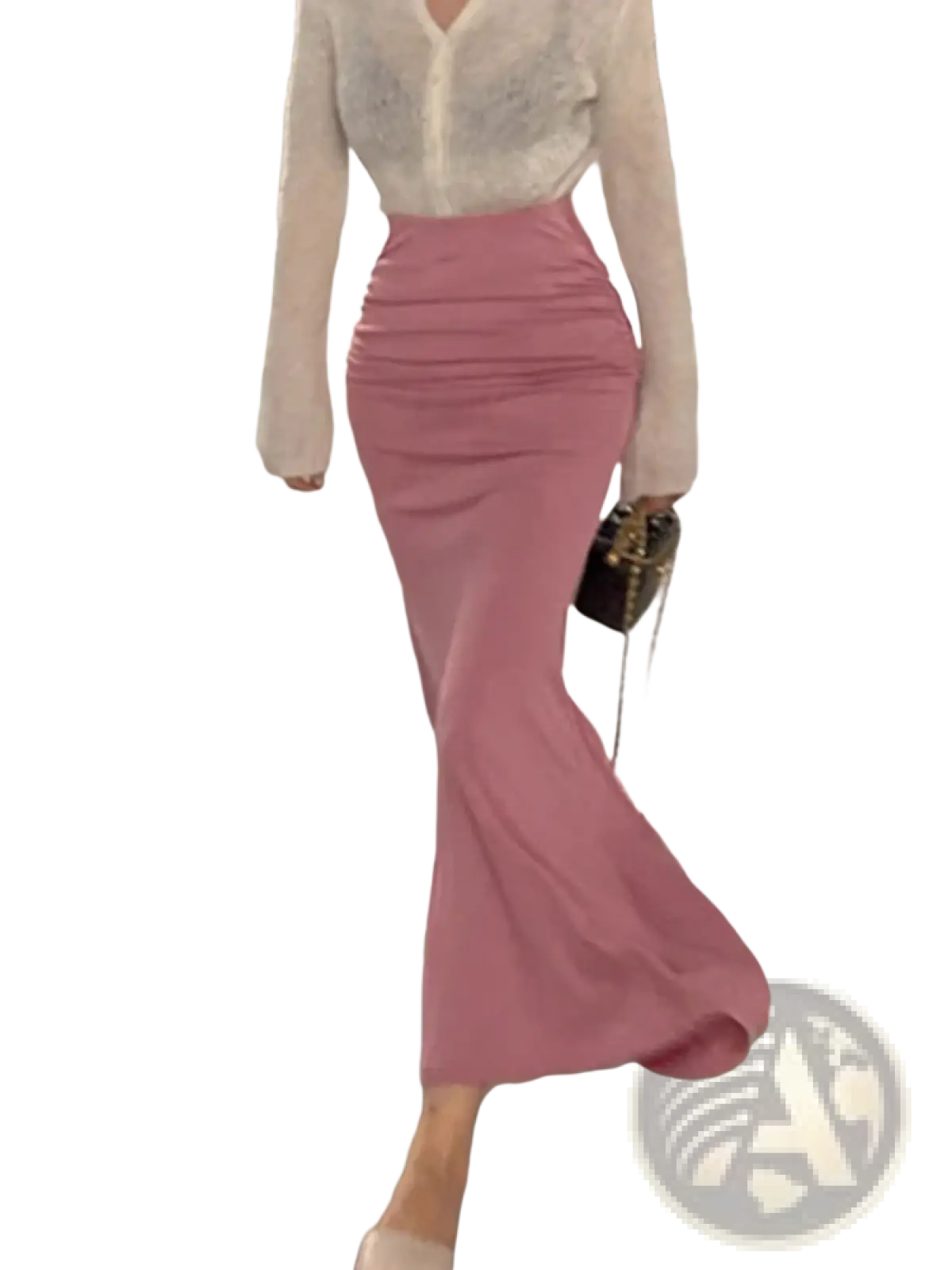 A soft pink high waisted mermaid midi skirt with ruched waistband and flowing fabric for elegant occasions