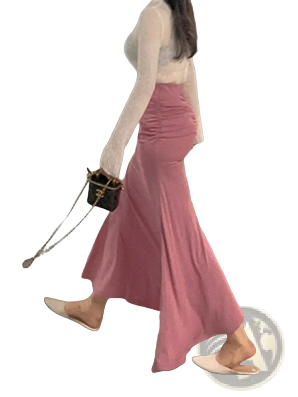 A soft pink flowing mermaid midi skirt with a ruched high waisted waistband in lightweight fabric