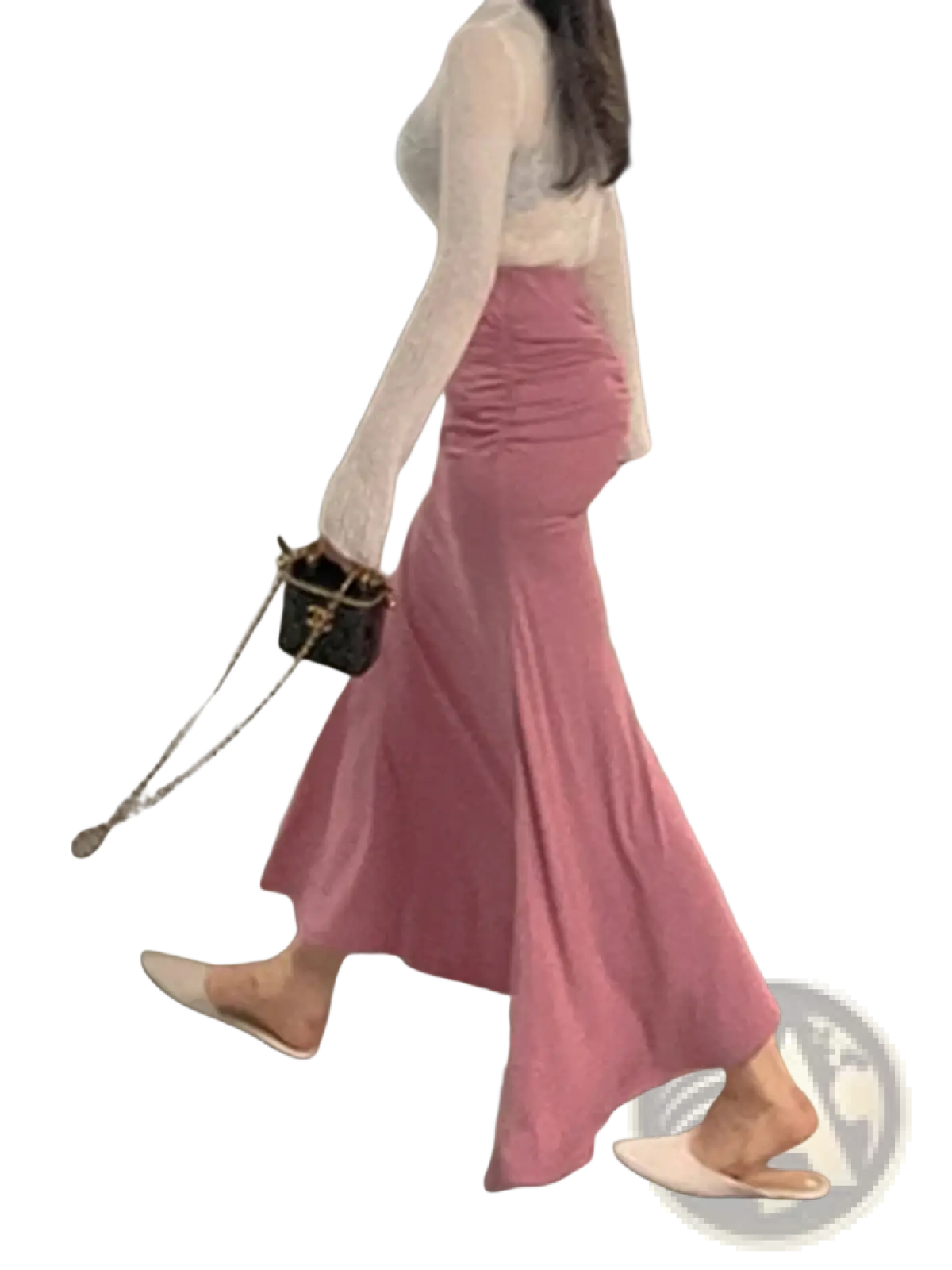 A soft pink flowing mermaid midi skirt with a ruched high waisted waistband in lightweight fabric
