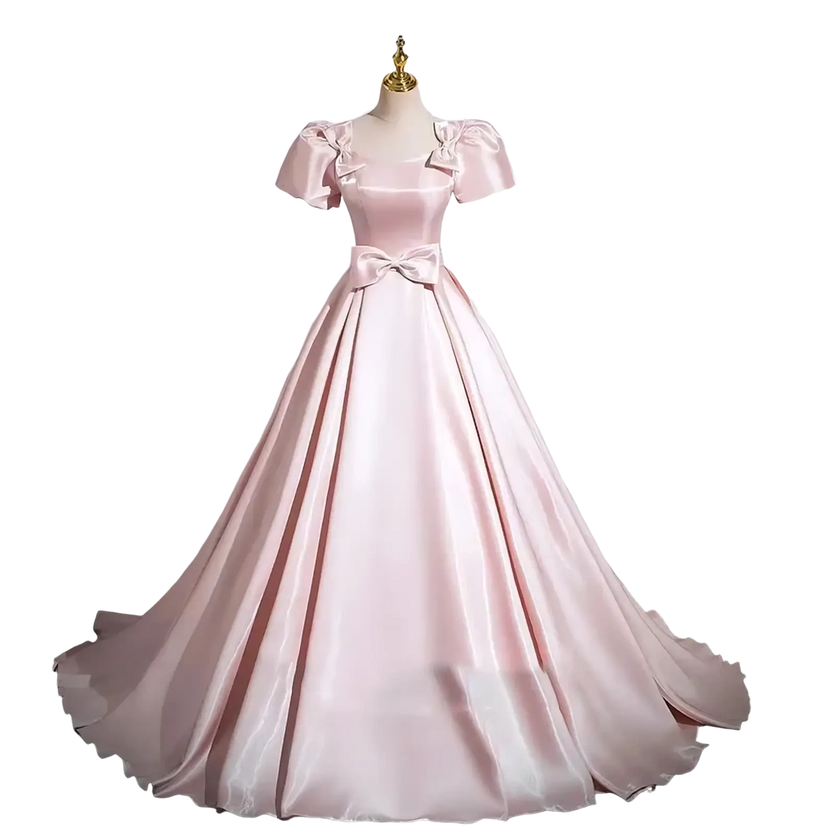 A soft pink satin evening gown with puffed short sleeves and a matching bow at the waist