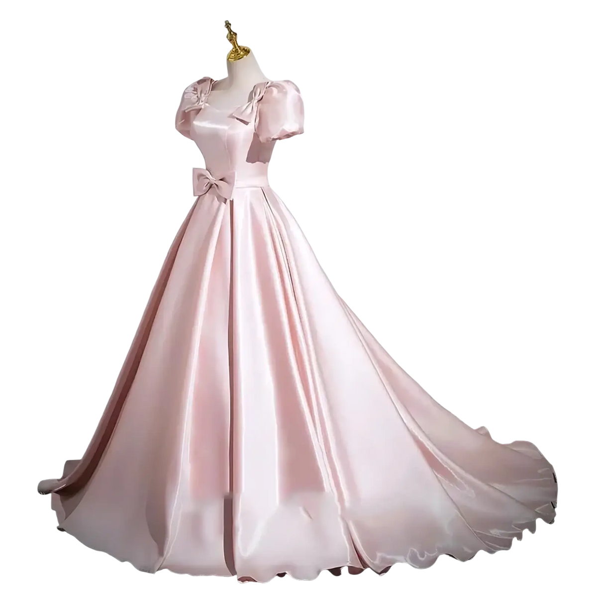 A soft pink satin evening gown with puffed sleeves and a matching waist bow displayed on a mannequin