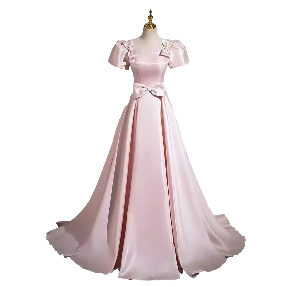 A soft pink satin evening gown featuring puffed short sleeves and a matching bow at the waist