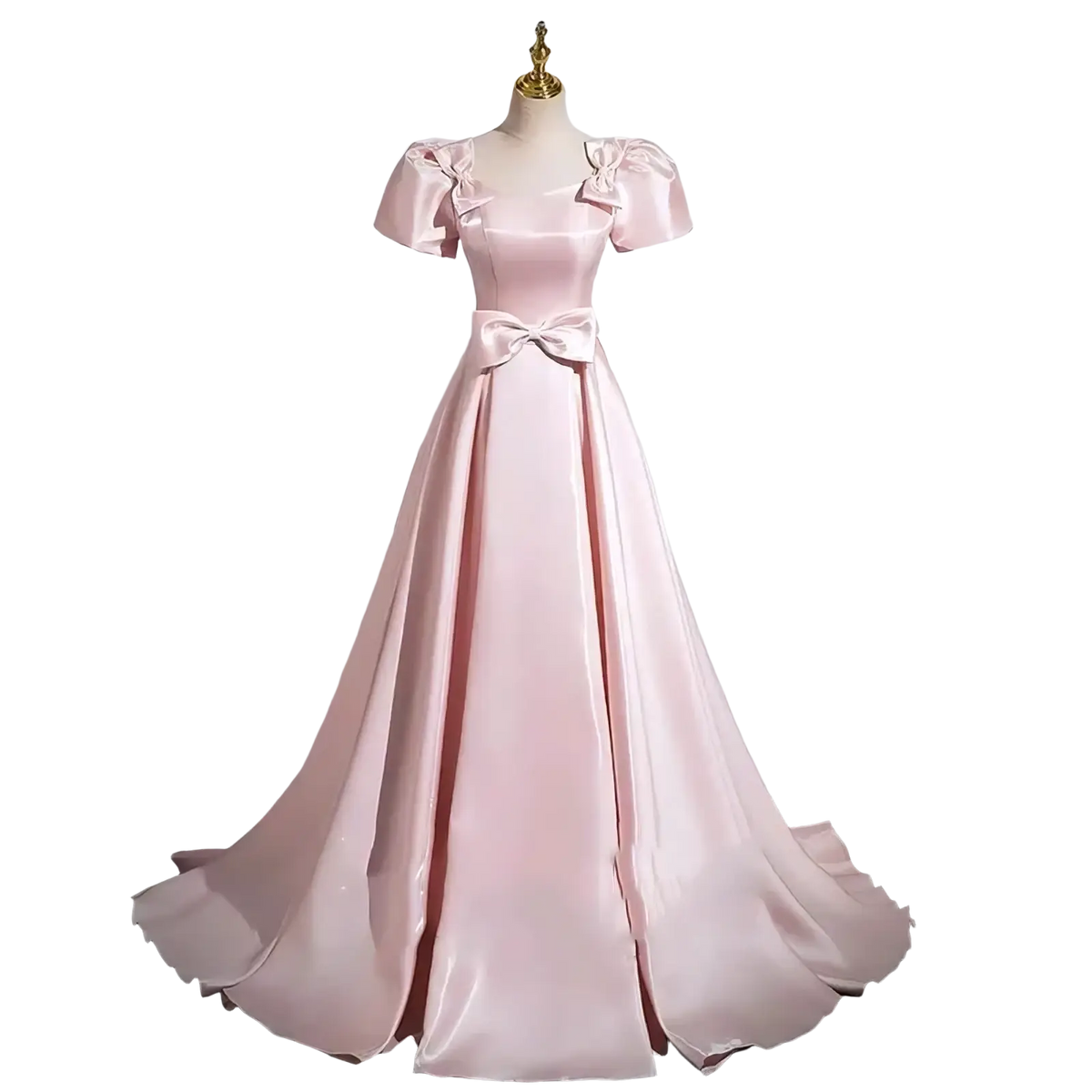 A soft pink satin evening gown with puffed sleeves and a matching bow at the waist