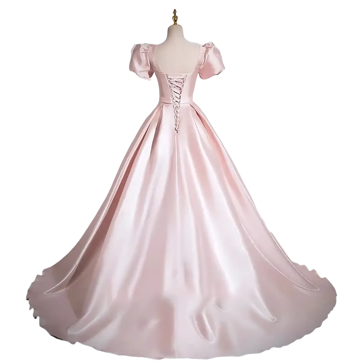A soft pink satin evening gown with puffed short sleeves and a lace-up back displayed on a mannequin