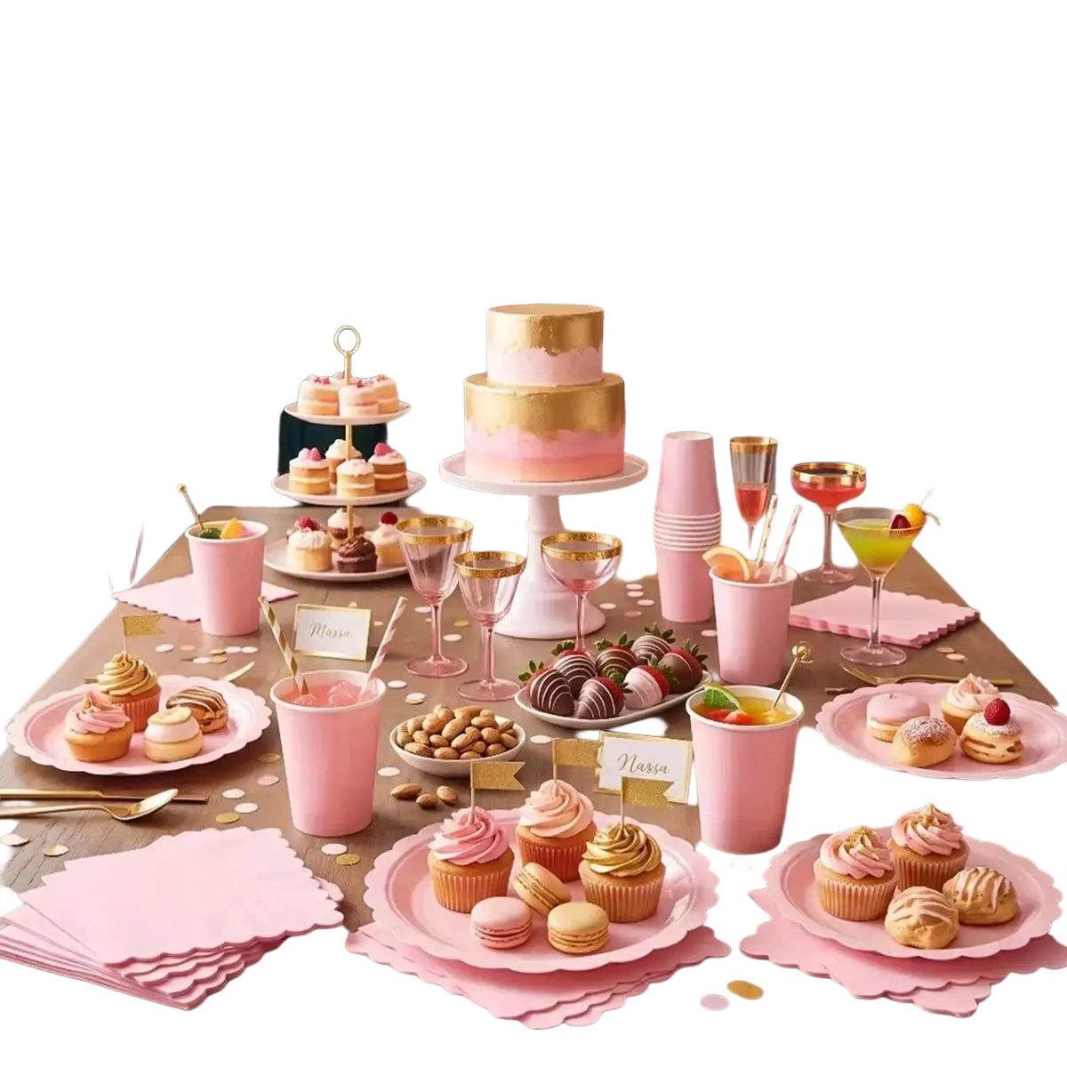 Pink scalloped disposable party tableware set featuring a pink and gold layered birthday cake on a white pedestal