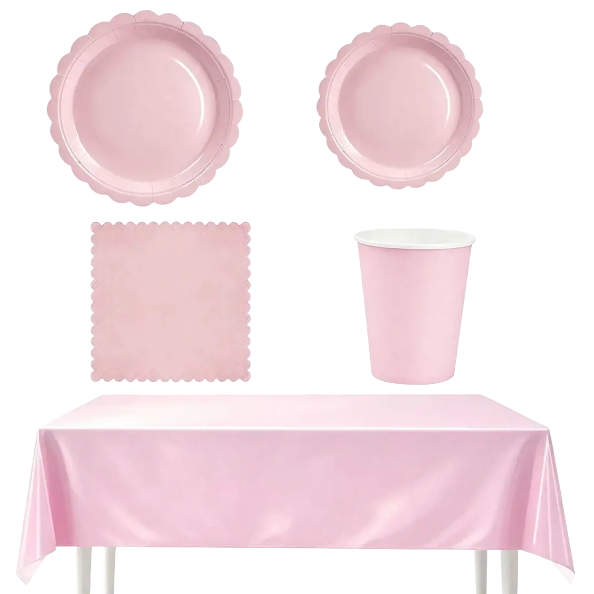 Pink scalloped disposable party tableware set featuring glossy finish paper plates ideal for celebrations and gatherings