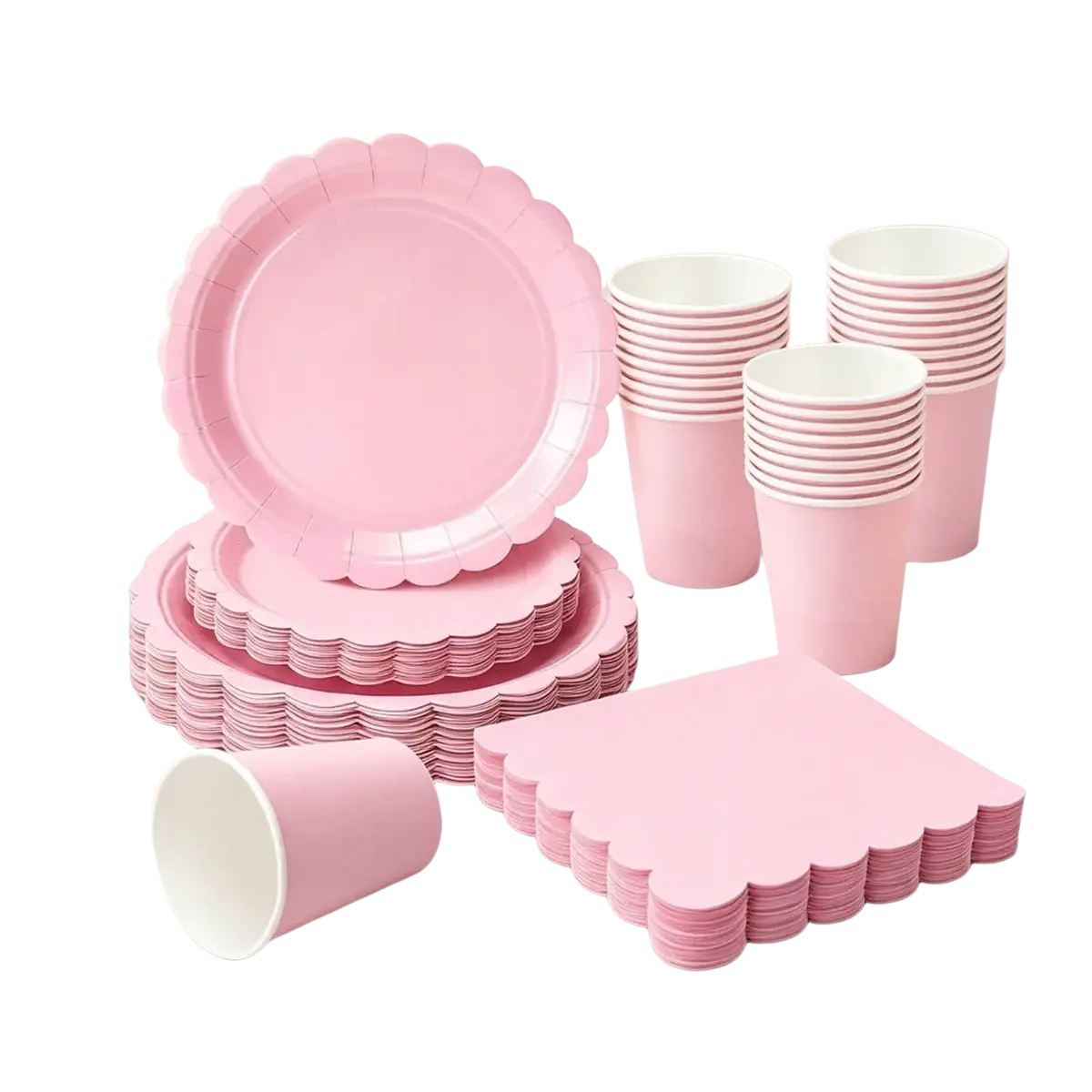 Pink scalloped disposable paper plates with a smooth matte finish for party tableware set