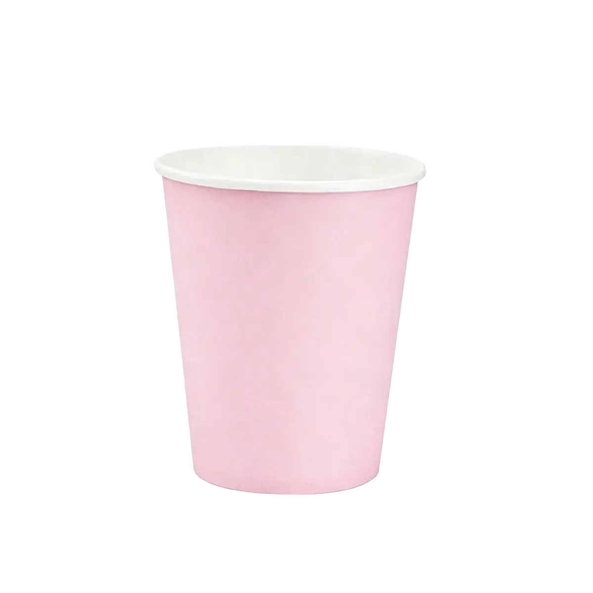 Pink scalloped disposable party paper cup with white interior ideal for festive tableware sets