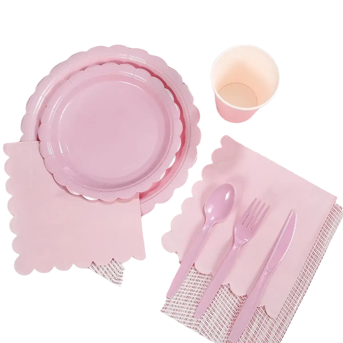 Pink scalloped disposable party tableware set featuring pink plastic disposable dinnerware with scalloped edges
