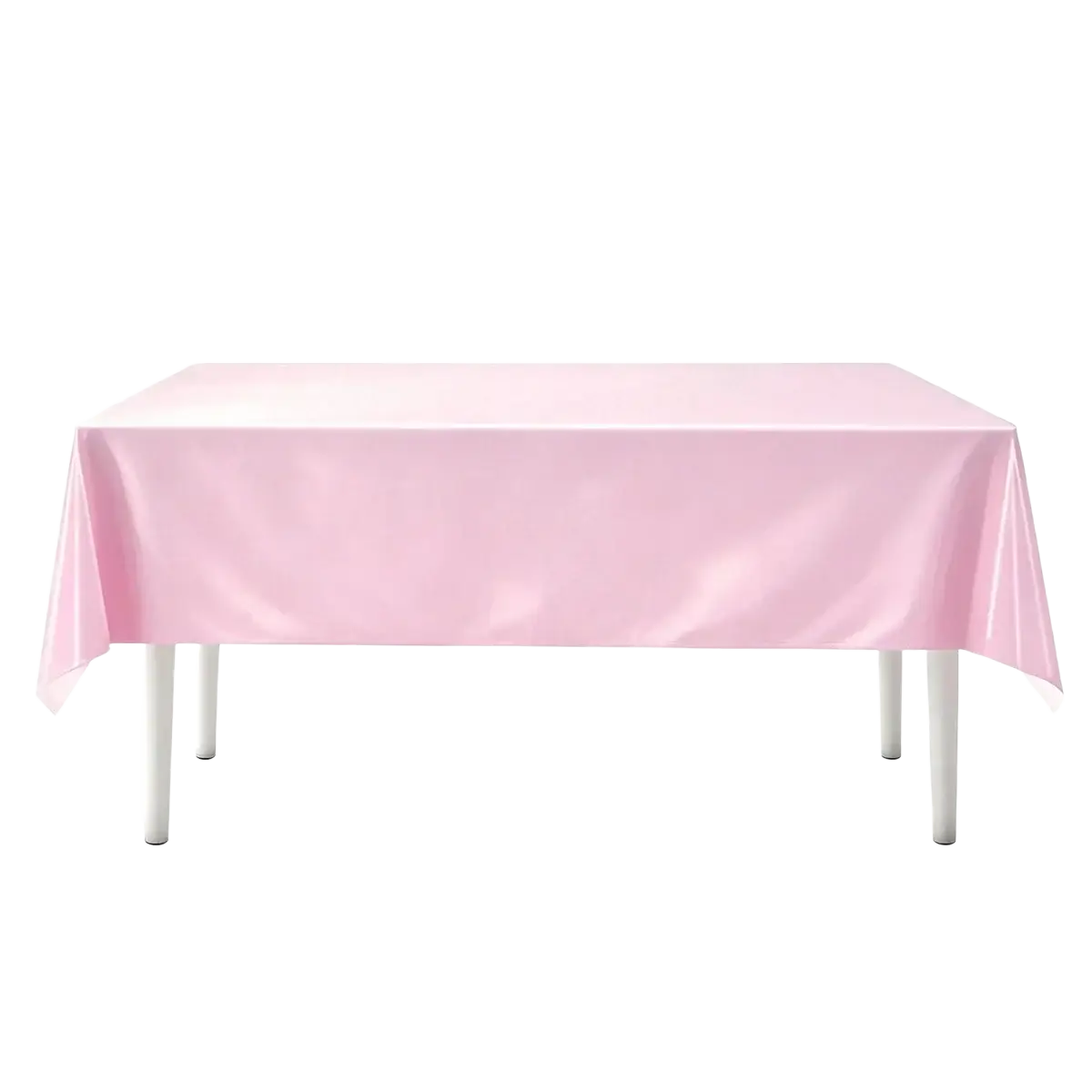 A shiny pink scalloped disposable plastic tablecloth draped over a white table for party use
