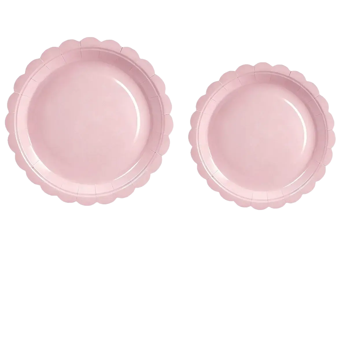 Two pink scalloped disposable paper plates measuring 23cm and 18cm ideal for party tableware set