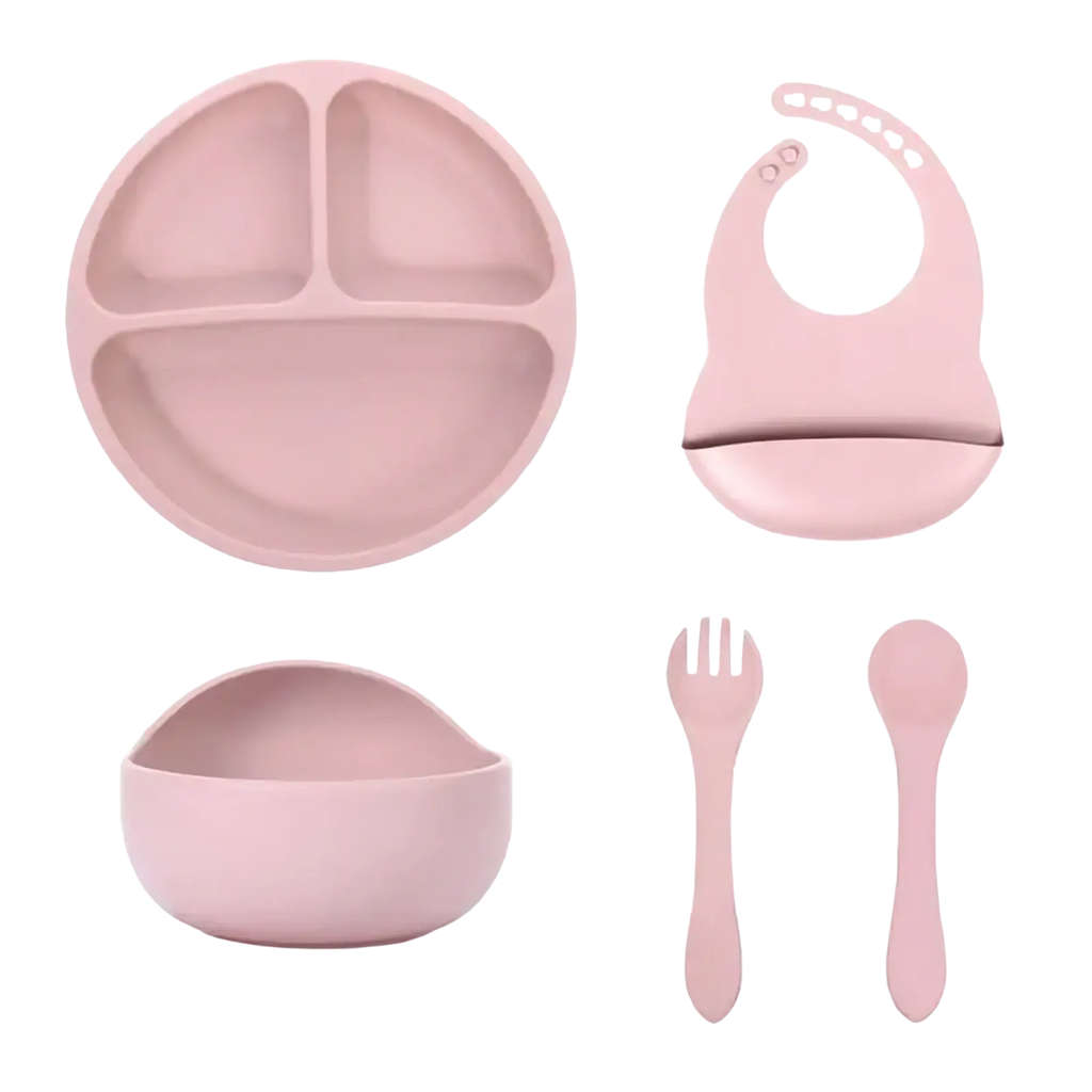Pink silicone baby feeding set with suction base includes three-compartment plate bowl bib and utensils for mealtime