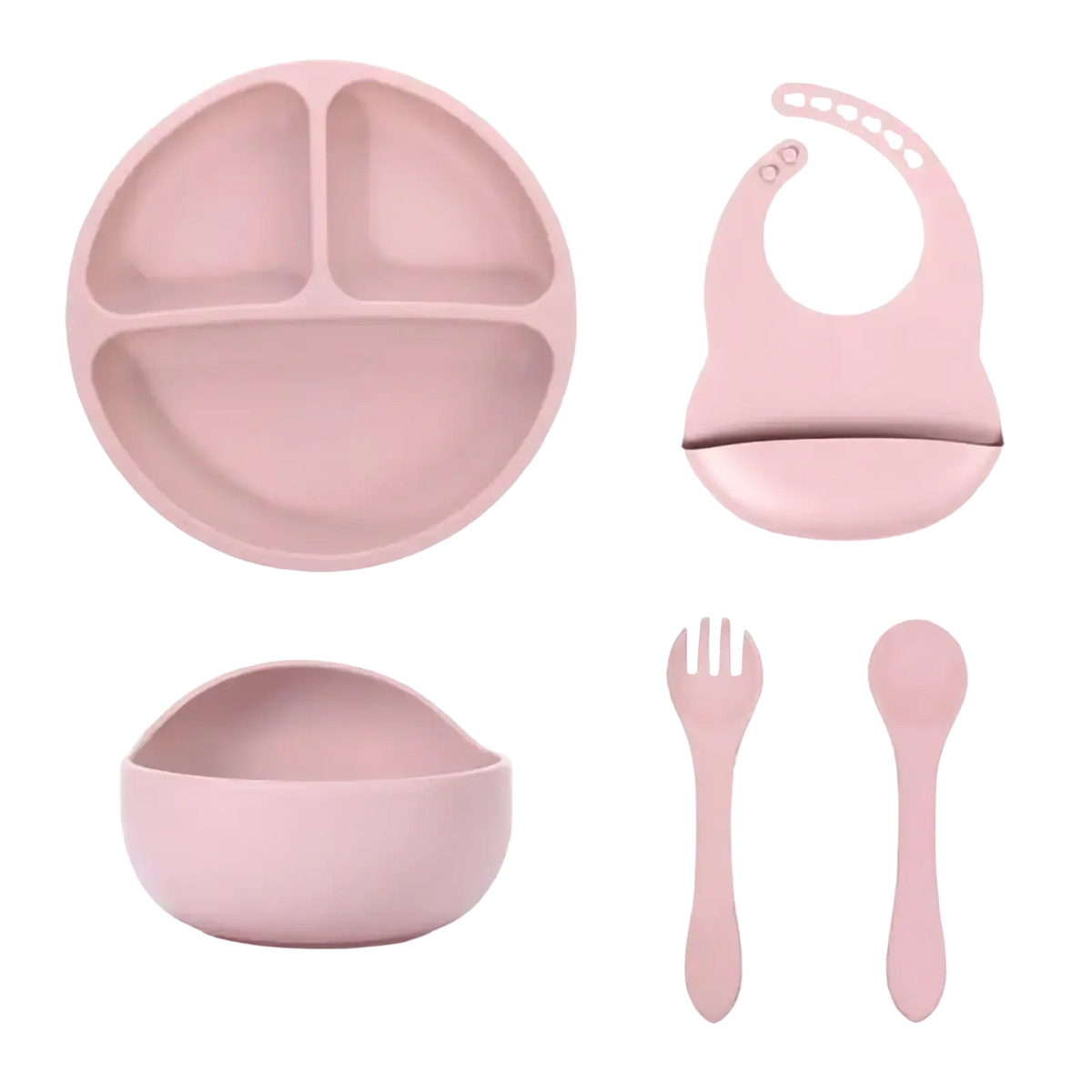 Pink silicone baby feeding set with suction base includes three-compartment plate bowl bib and utensils for mealtime