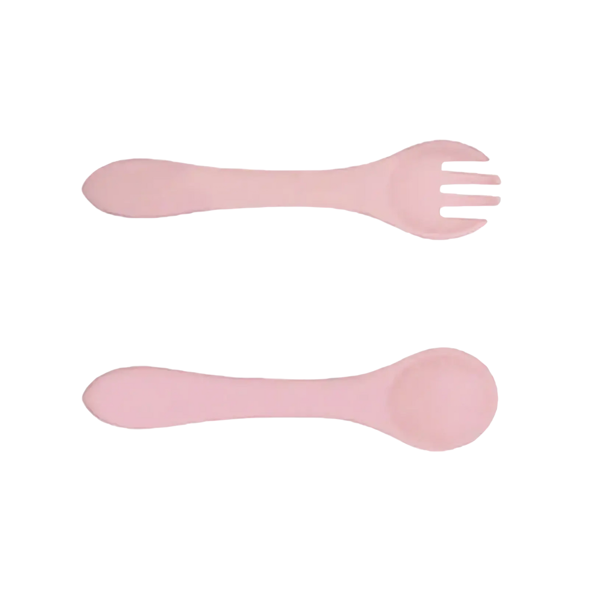 Pink silicone baby feeding set with suction base featuring spoon and fork for easy infant mealtime use