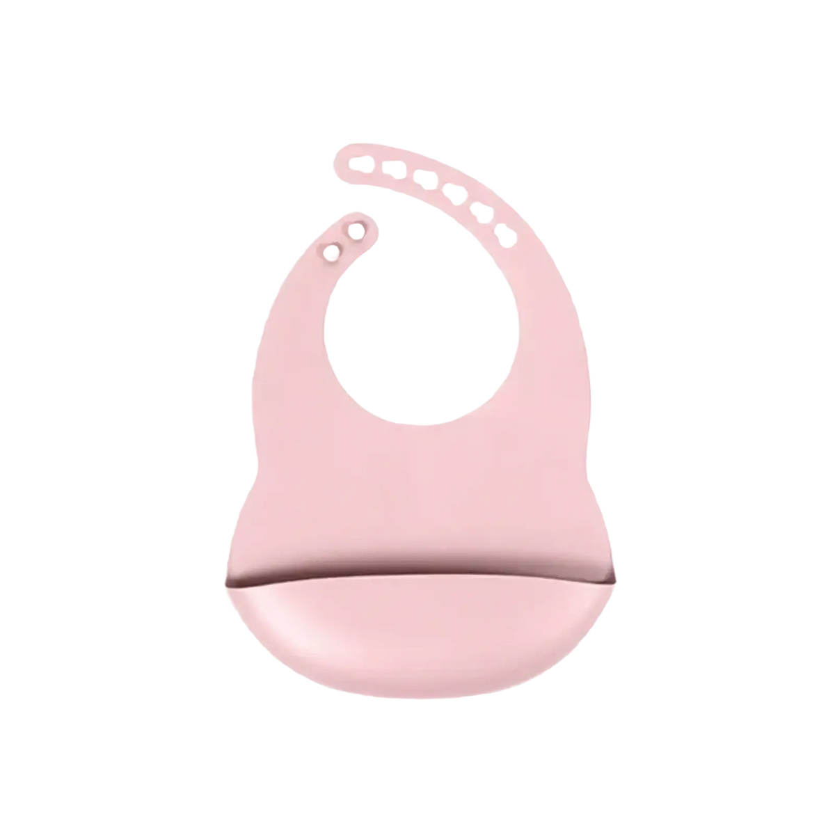 Pink silicone baby bib with curved neck strap and snap closures included in a feeding set with suction base