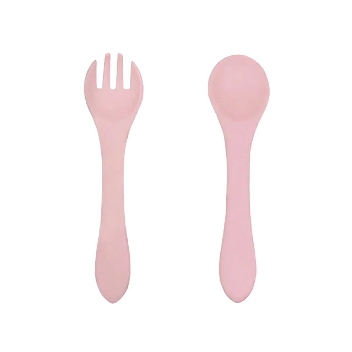 Pink silicone baby feeding set with suction base including spoon and fork for easy infant mealtime use