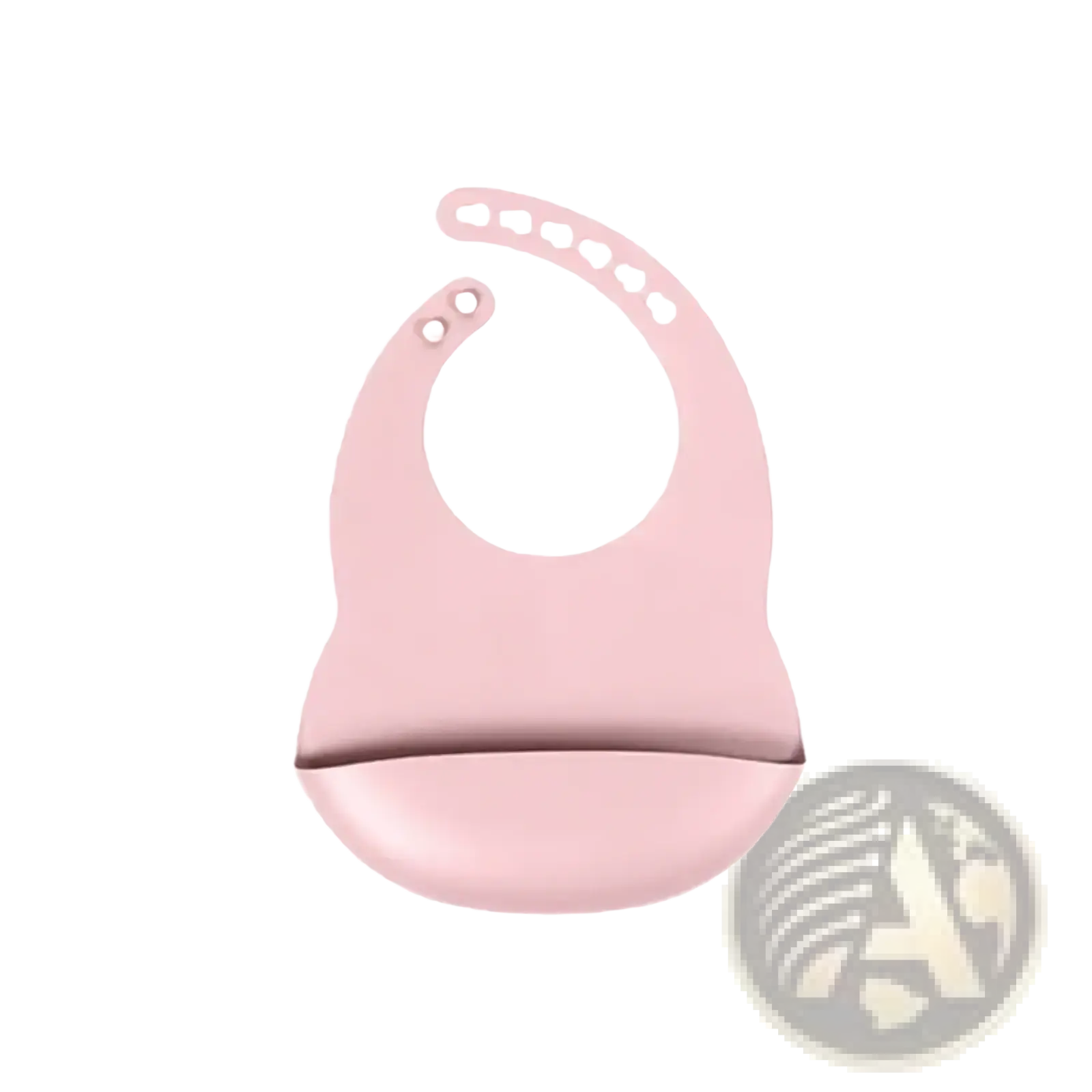 Pink silicone baby bib with curved neck strap and snap closures included in a feeding set with suction base