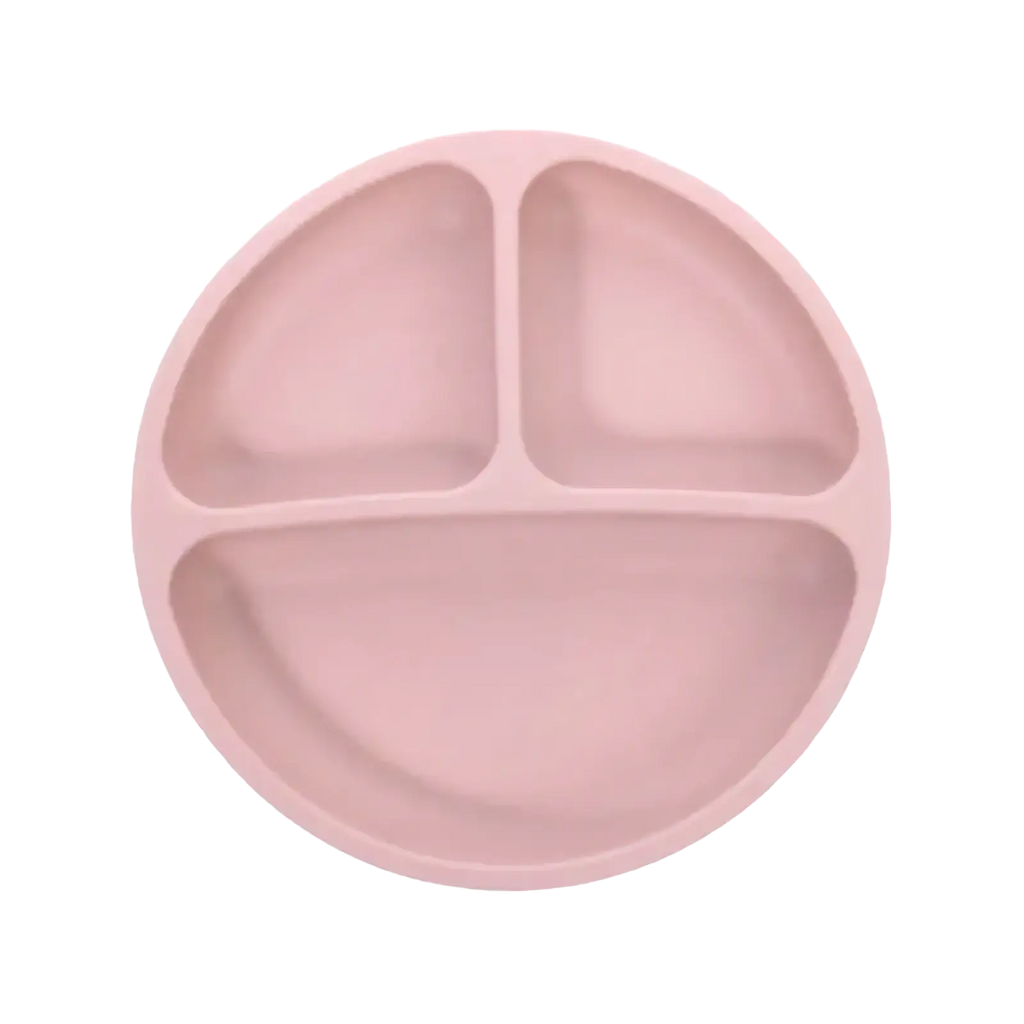 Soft pink silicone divided baby feeding plate with suction base featuring three compartments for easy portioning