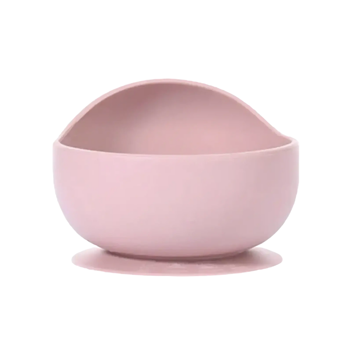 A soft pink silicone baby feeding bowl with a suction base designed for secure mealtime use