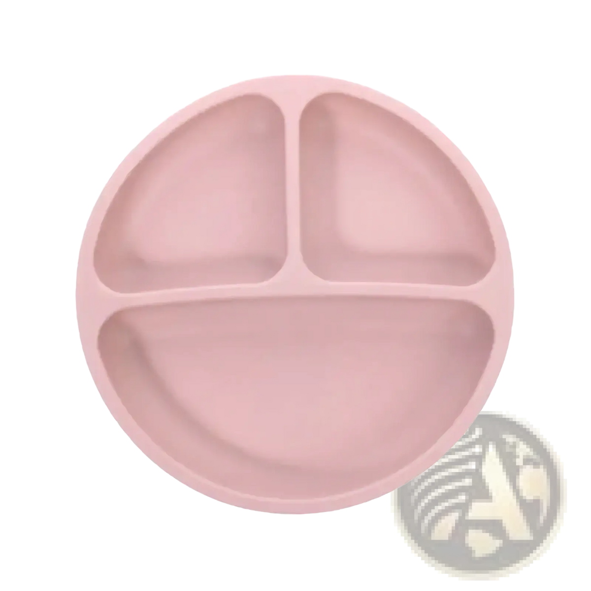 Soft pink silicone divided baby feeding plate with suction base featuring three compartments for easy portioning