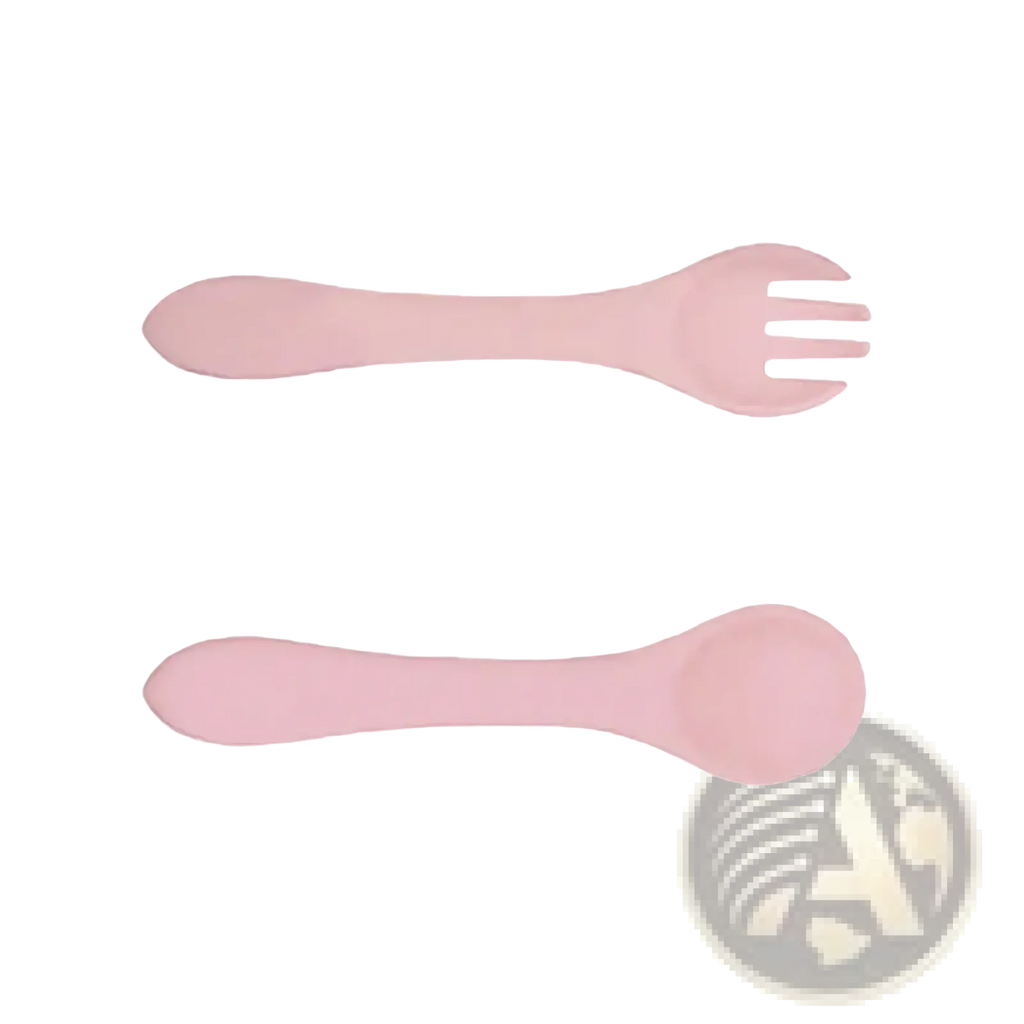 Pink silicone baby feeding set with suction base featuring spoon and fork for easy infant mealtime use