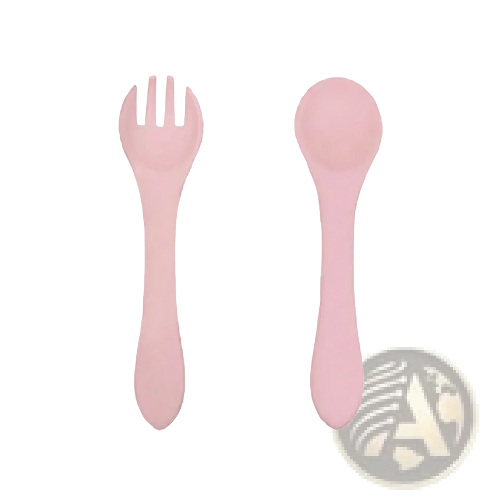 Pink silicone baby feeding set with suction base including spoon and fork for easy infant mealtime use