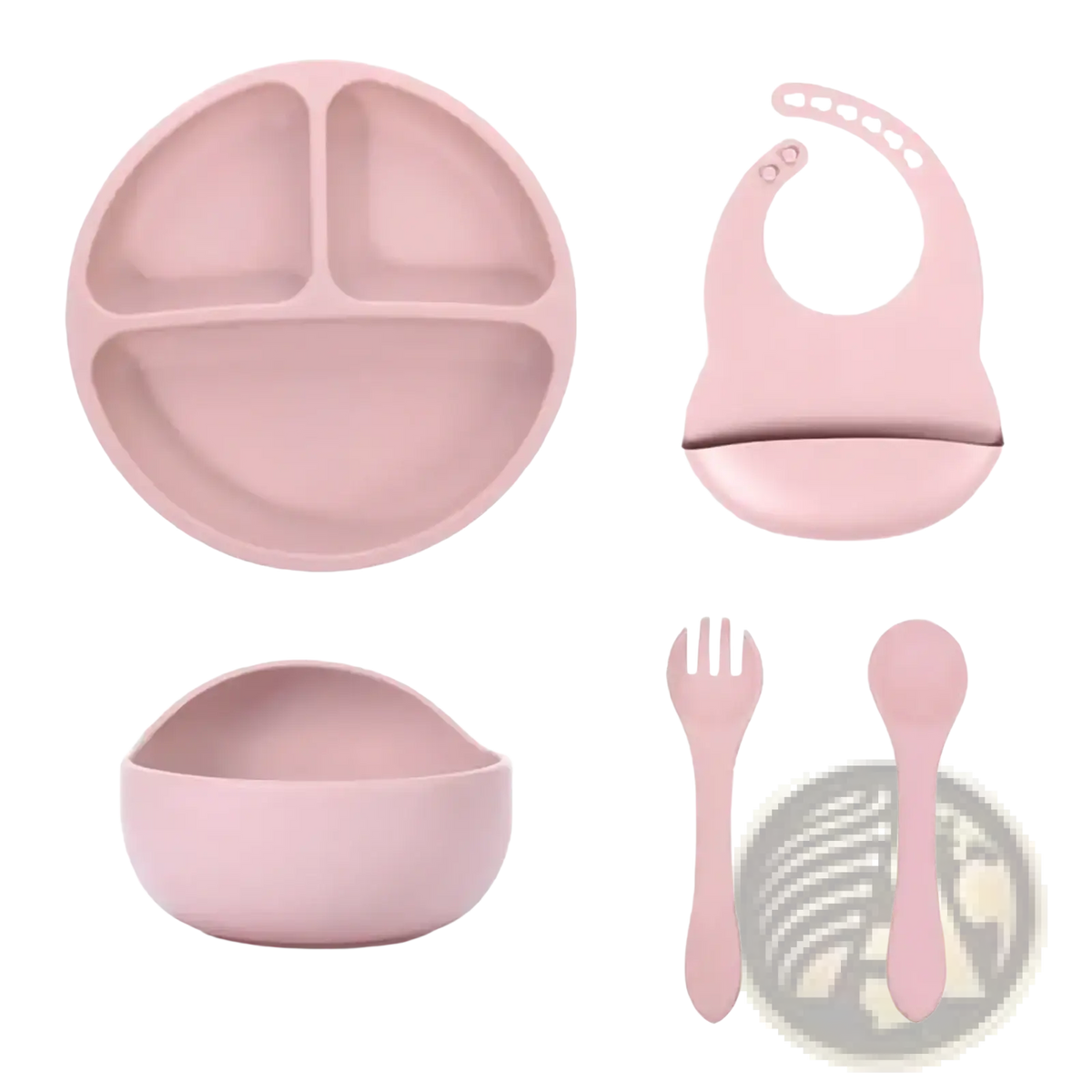 Pink silicone baby feeding set with suction base includes three-compartment plate bowl bib and utensils for mealtime