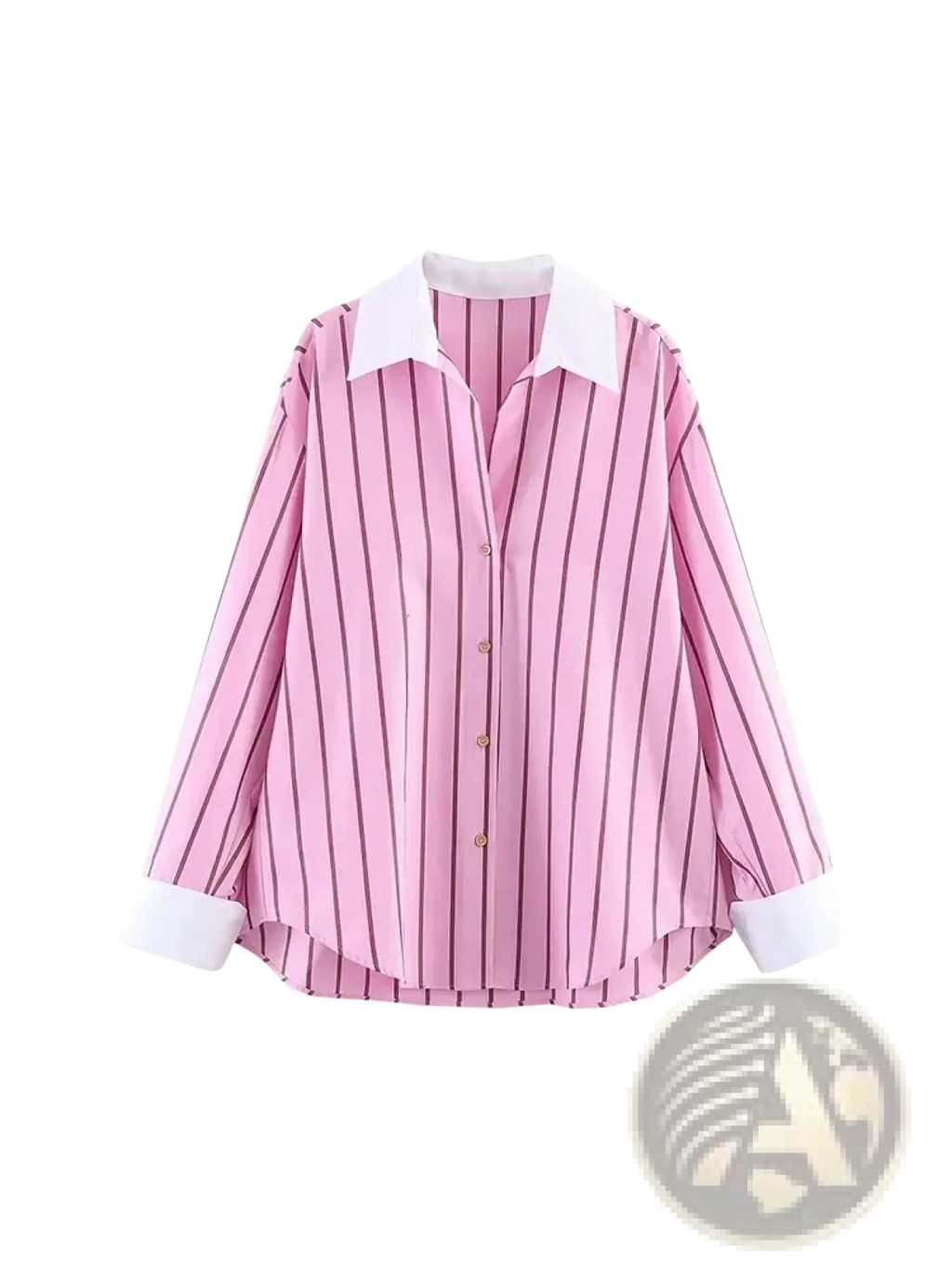Pink striped button up blouse with pink and black vertical stripes, white collar and cuffs, long sleeved design