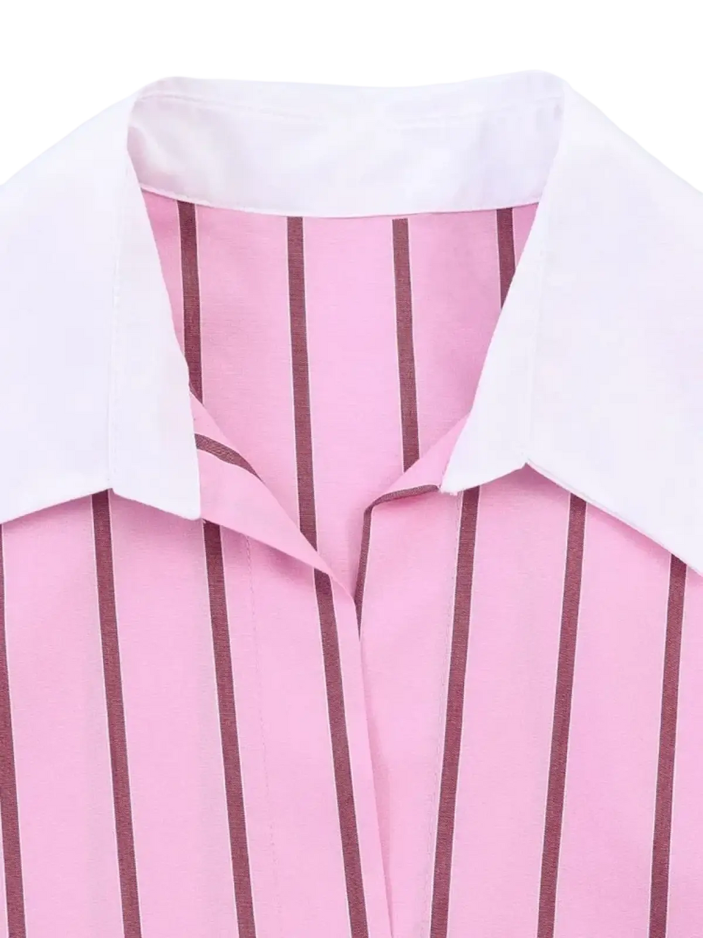 Pink striped button up blouse featuring vertical pink and brown stripes with a crisp white collar