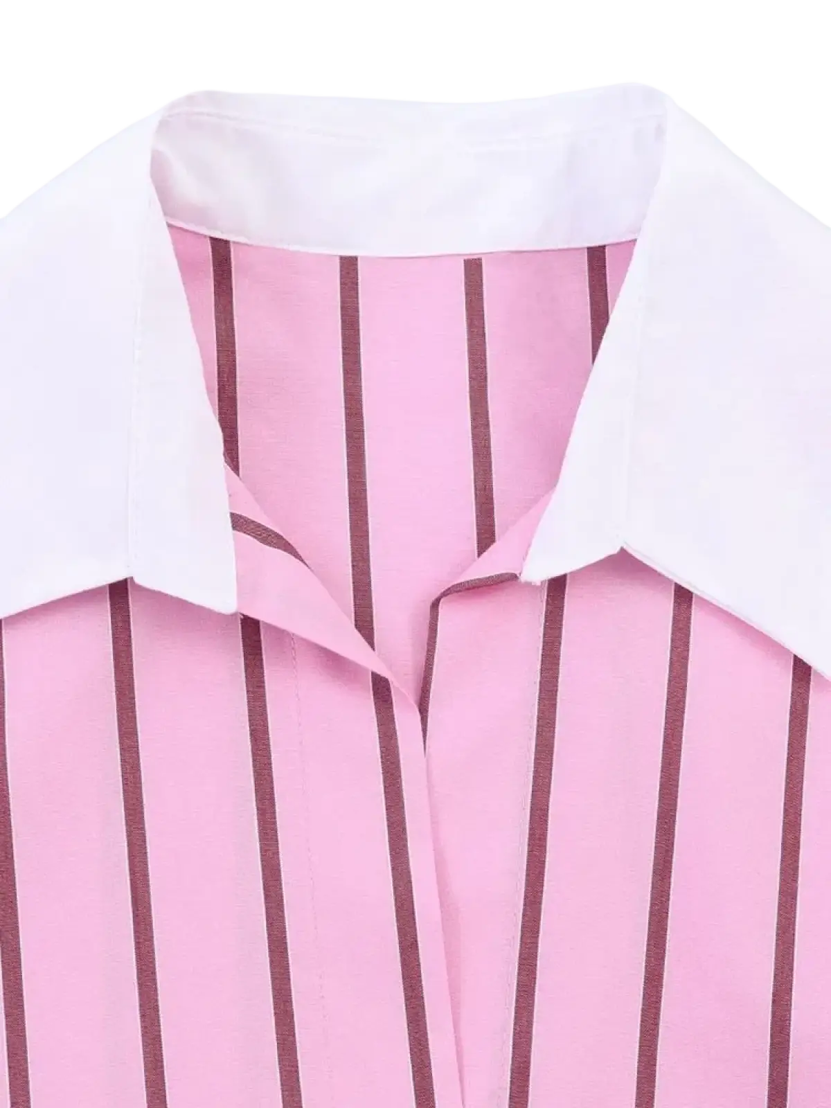 Pink striped button up blouse featuring vertical pink and brown stripes with a crisp white collar