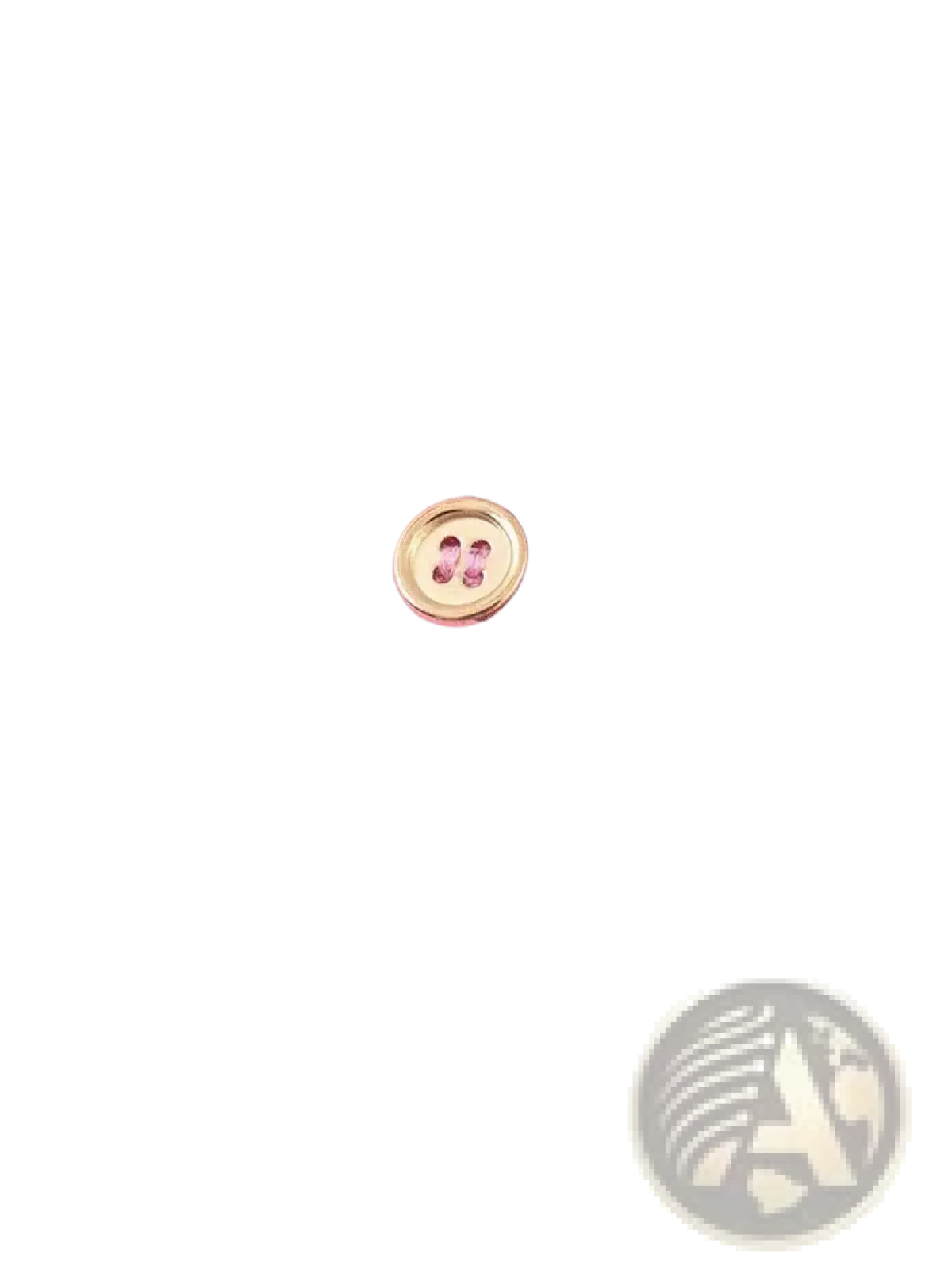 A gold toned four hole button on a pink and maroon striped pink striped button up blouse