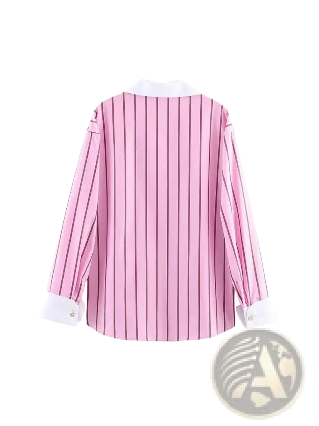 Pink striped button up blouse with white collar and cuffs featuring long sleeves and a tailored fit