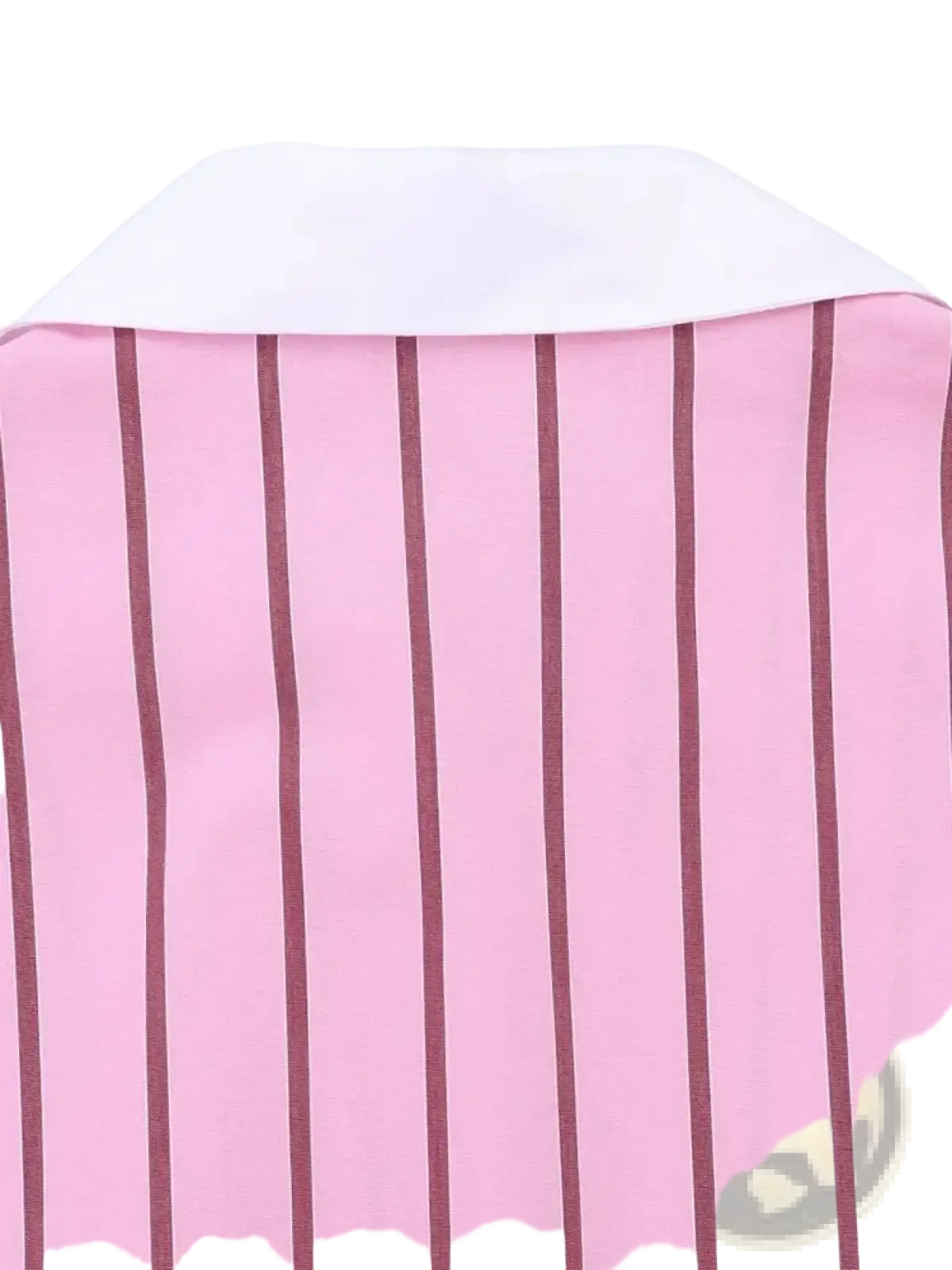 Pink striped button up blouse featuring vertical maroon stripes and a white collar in a soft fabric