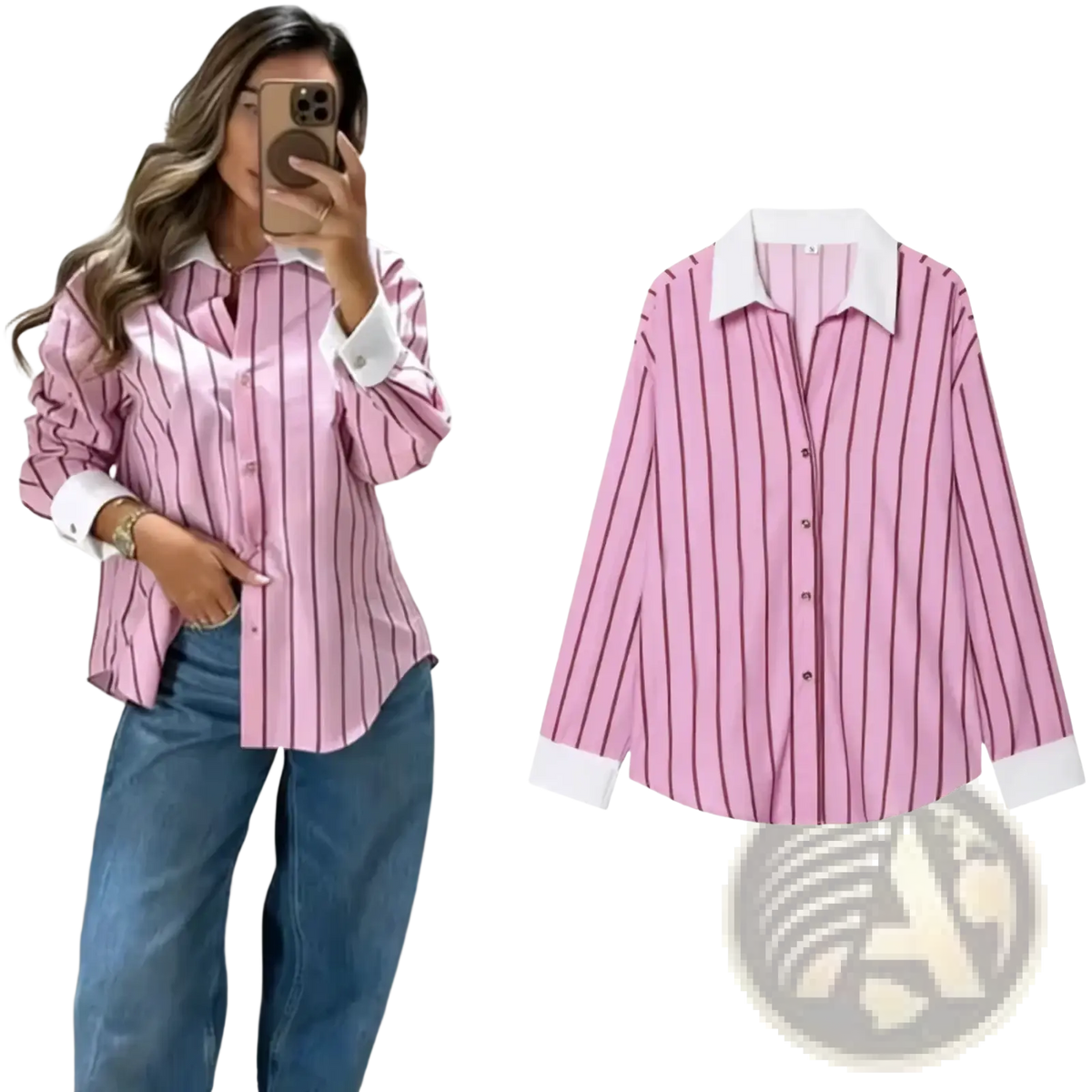 Pink striped button up blouse with white collar and cuffs made from lightweight fabric for stylish office wear