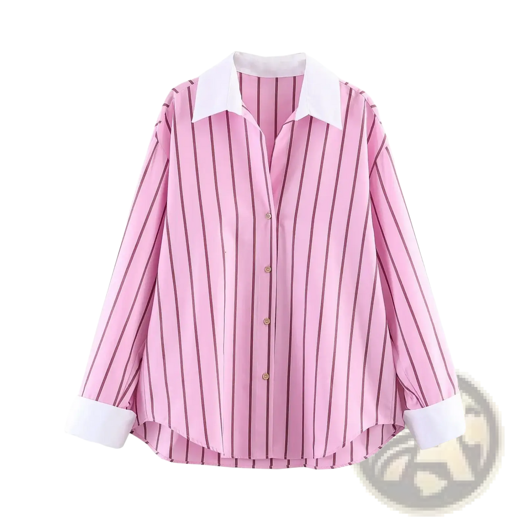 Pink striped button up blouse featuring pink and white vertical stripes with a white collar and cuffs in long sleeves