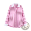 Pink striped button up blouse featuring pink and white vertical stripes with a white collar and cuffs in long sleeves