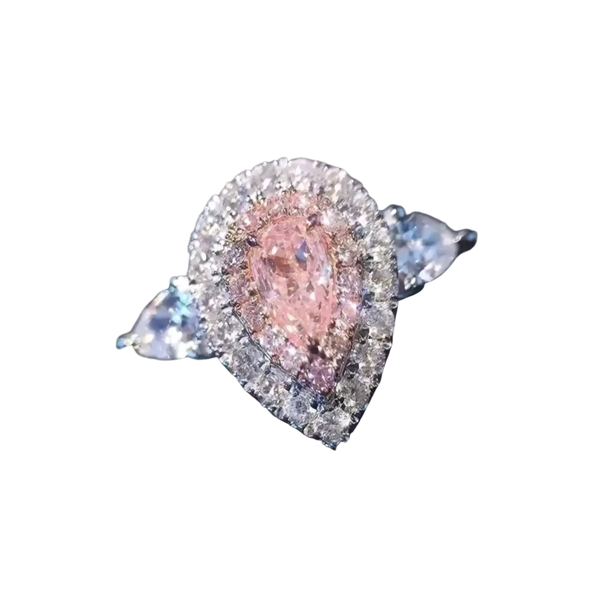 A cc&byx pink teardrop zircon engagement ring with a pear-shaped pink diamond and halo of clear diamonds