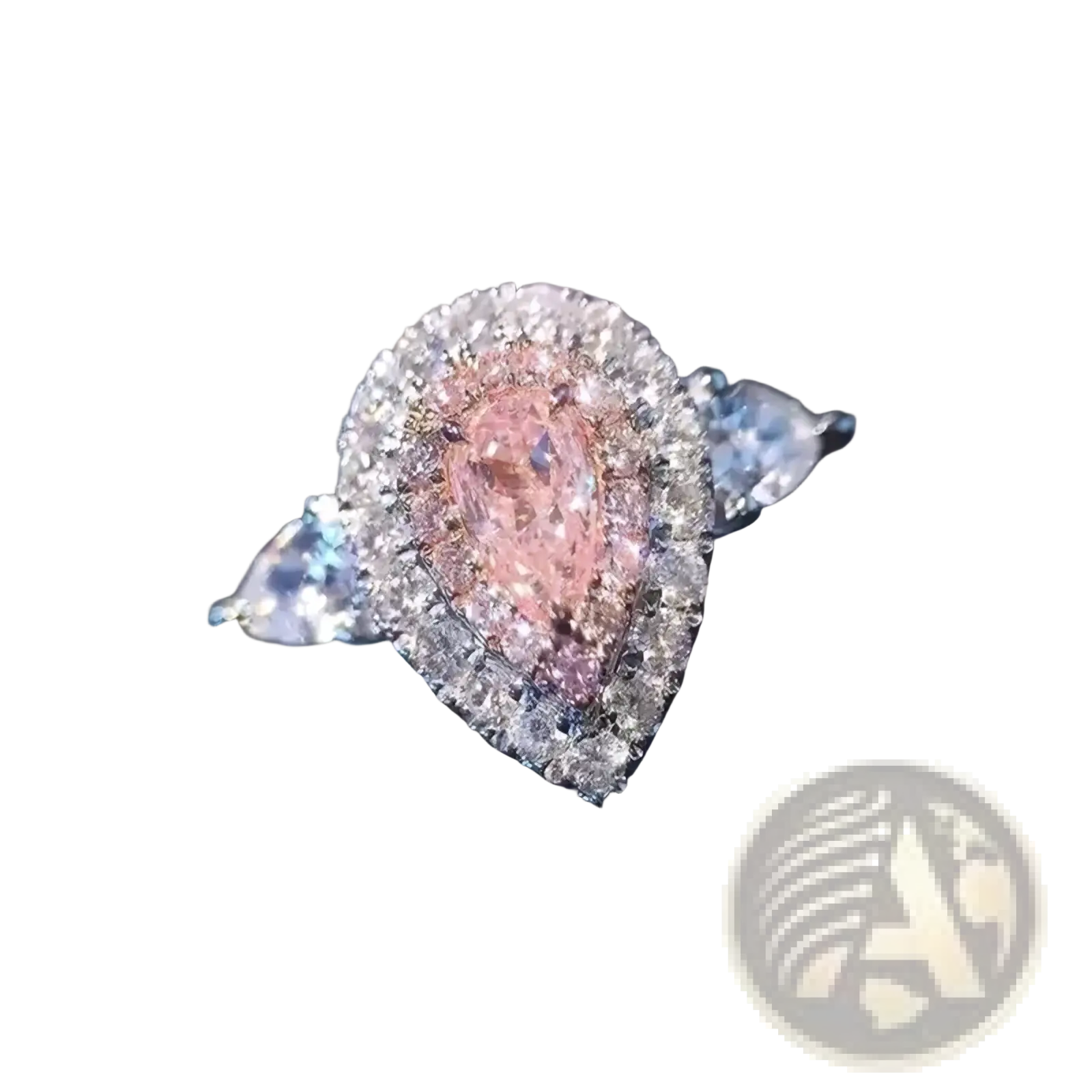 A cc&byx pink teardrop zircon engagement ring with a pear-shaped pink diamond and halo of clear diamonds